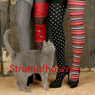 ausgefallene Strumpfhosen mit Muster und graue Katze