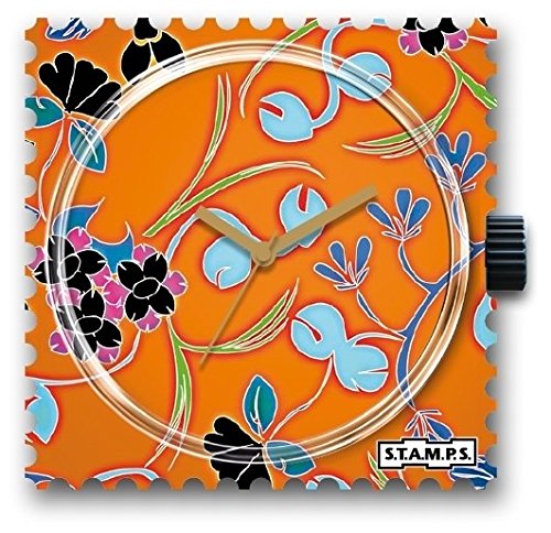 Uhr Briefmarkenform tropische Blumen auf orange