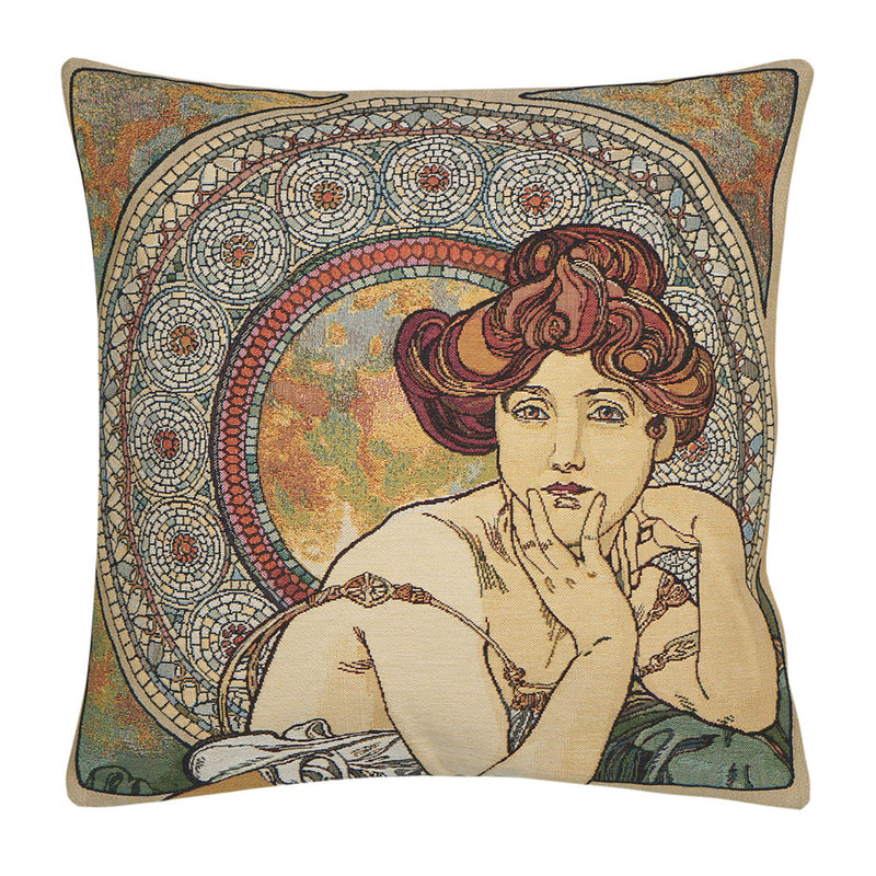 Gobelinkissen Dame mit Topas Edelstein nach A. Mucha