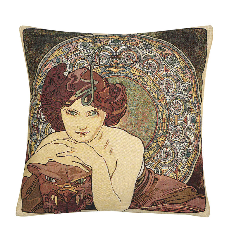 Gobelinkissen Dame mit Smaragd - Edelstein nach Alphonse Mucha