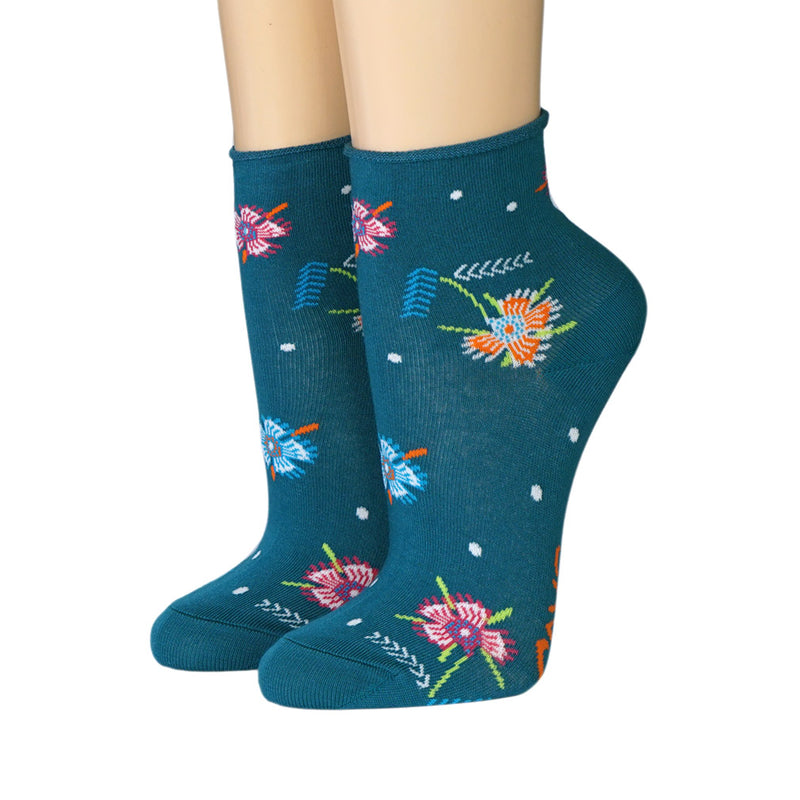 CRÖNERT Damen Kurzsocken mit Rollrand Blumen 14328