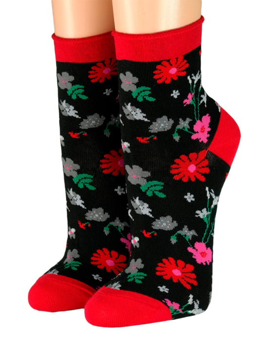 schwarze Kurzsocken mit rotem  Rollrand Motiv Blumenwiese Crönert