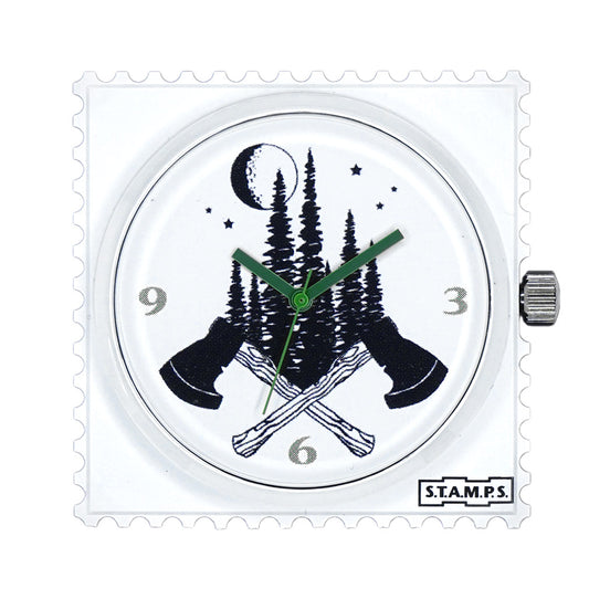 STAMPS Uhr Baum und Axt im Wald