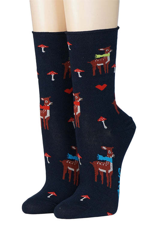 CRÖNERT Damensocken mit Rollrand Rehe mit Schal 18249