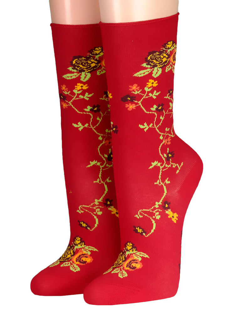 Crönert Socken Blumenranken Rot