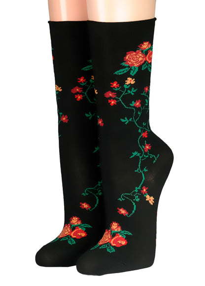 Crönert Socken Blumenranken Schwarz