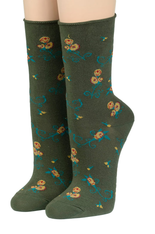 Crönert Socken gelbe Rosen auf oliv