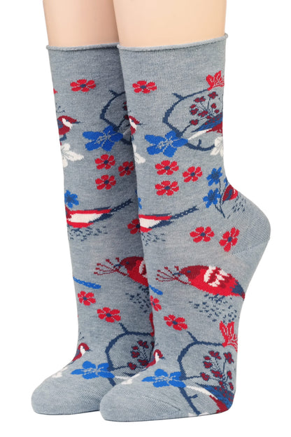 Damensocken Vögel Blüten  Grau