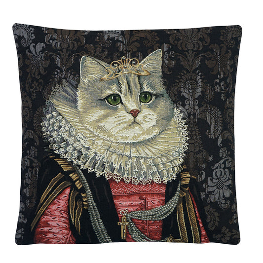 Gobelinkissen Katze mit kleiner Krone und Mühlsteinkragen im roten Kleid