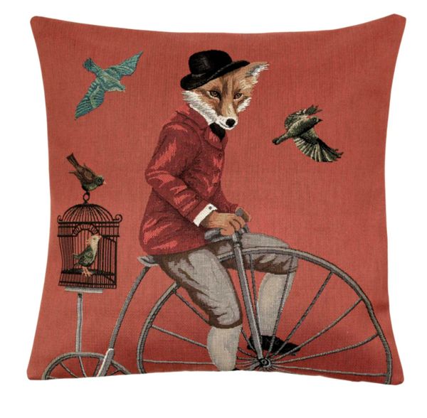 Belgian Tapestries Kissenhülle 45 X 45 cm Gentle Fox on Bike Gobelin Cushion Belgian Tapestries 