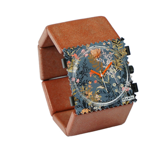 STAMPS Uhr Zifferblatt Herbstblumen mit Gliederarmband terra