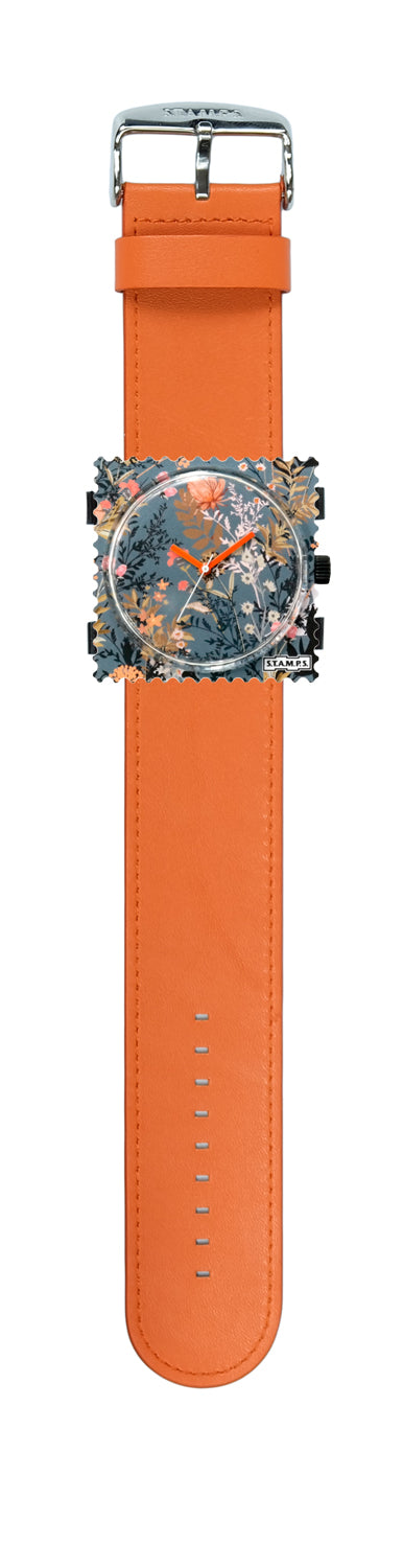 S.T.A.M.P.S. Uhr komplett - Zifferblatt Autumn Flowers mit Lederarmband Orange