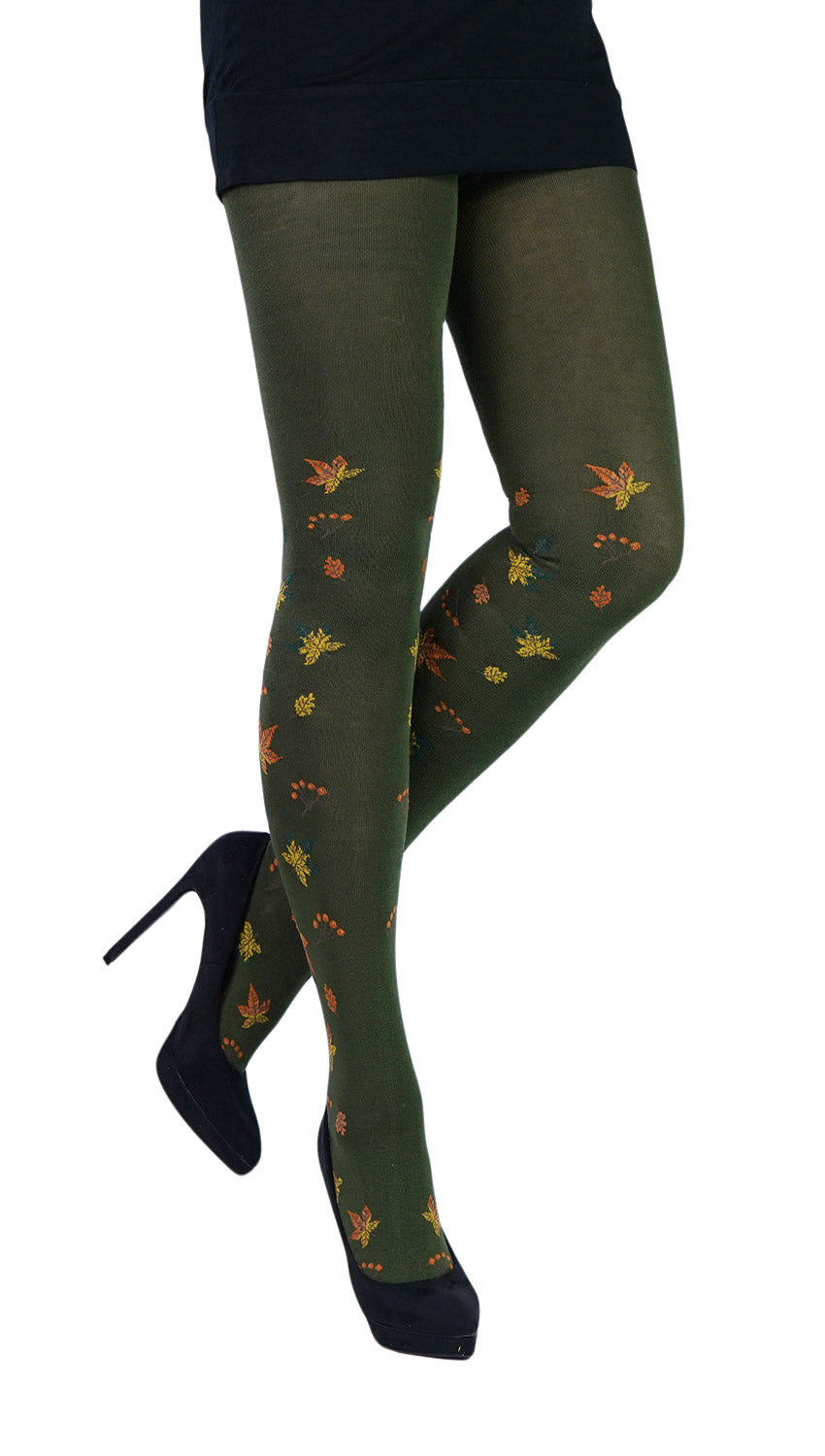 olive Damenstrumpfhose mit Muster Herbstlaub