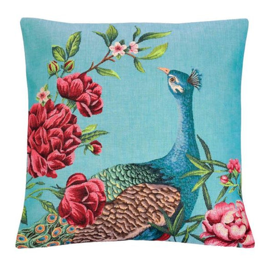 Gobelinkissen ein blauer Pfau inmitten von Rosen Hintergrund türkis