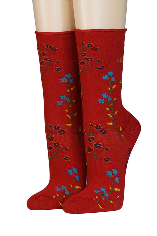 Crönert Damensocken mit Blumen auf rot