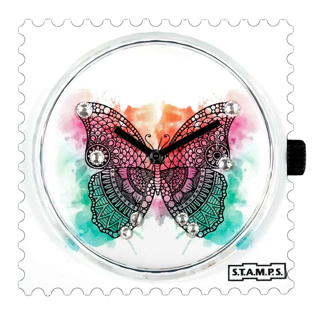 S.T.A.M.P.S. Uhr komplett - Zifferblatt Diamond Butterfly mit Lederarmband Rot