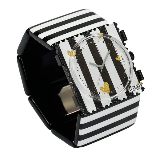 STAMPS Uhr komplett - Zifferblatt Golden Love auf Belta Stripes Black White